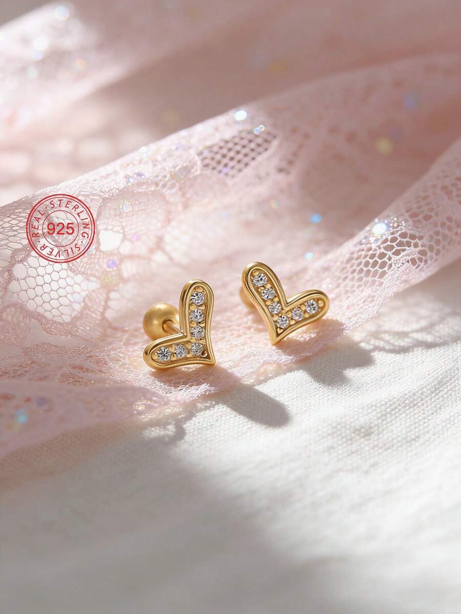 Artepollo 1 Pair 925 Sterling Silver Hypoallergenic Lovely Heart Earrings, Inlaid With Sparkling Zirconia, Personalized And Delicate, Screw-Back Design To Prevent Falling Off, Gift Box Packaging, Great Gift For Kids Or Friends Birthday - Beautiful Love - View 1