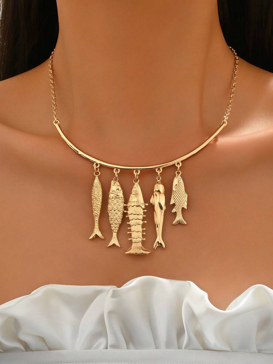 1 buah Kalung Unik Berbentuk Berbagai Ikan untuk Wanita, Aksesori Logam Desain Niche Cocok untuk Perjalanan Sehari-hari, Pantai Musim Panas, Kencan - Yellow Gold - View 1