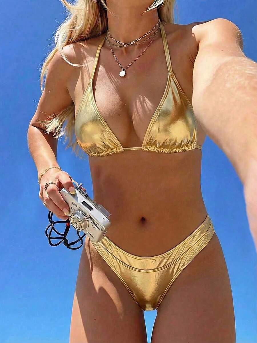 2024 New Women's Split Hard Shell Bikini With Metallic Texture, Sexy Halter Neck Strap Set Summer - Gold - View 1