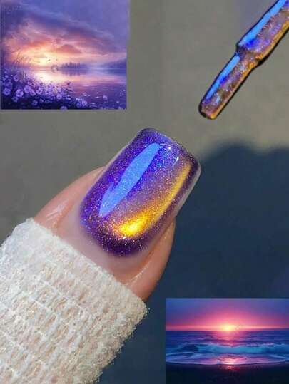 SHANGFEIYA 10ml Aurora Sunset Magnetic Cat Eye Nail Gel, Purple Blue Gradient With Golden Shimmer Line Soak Off Cat Eye Gel Polish For Nail Art DIY Decoration