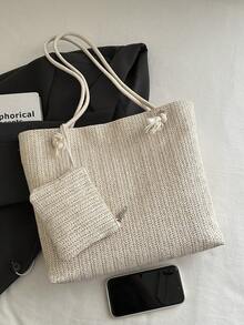 Fashionable Straw Woven Tote Bag, Casual Large Capacity Shoulder Bag For Women, Spring/Summer - Beige - View 3