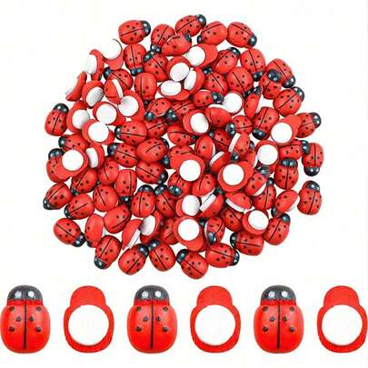 100只红色木质瓢虫，逼真瓢虫昆虫微缩模型，彩色树脂瓢虫扁平水钻，植物磁铁，趣味瓢虫盆栽，适合手工DIY，自粘迷你瓢虫，瓢虫装饰品，适用于剪贴簿、微景观、派对、家居花园装饰，扁平木质瓢虫装饰品，户外瓢虫装饰