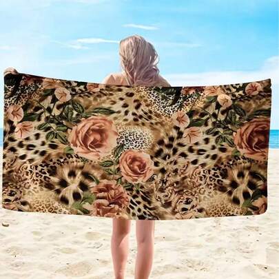 Leopard Print Oversized Beach Towel - Microfiber, Super Absorbent, Suitable For Travel, Swimming, Diving, Surfing, Yoga, Camping, Hand Wash Only, Animal Print, Polyester, Rectangular, 150cm X 75cm / 59.05in X 29.52in, 180cm X 90cm / 70.86in X 35.43in, 250g/㎡
