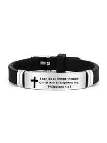 1pc Adjustable Men's Christian Bracelet Stainless Steel And Silicone Strap With Cross Charm And Bible Verse Inspirational Religious Jewelry Gift For Husband Father Boyfriend Son - 銀 - 查看 1