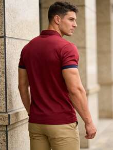 1PC Men's Summer Contrast Collar Horse Print Polo Shirt - Ice Silk Quick-Dry Breathable Business Casual Tops For Commute - Burgundy - View 6