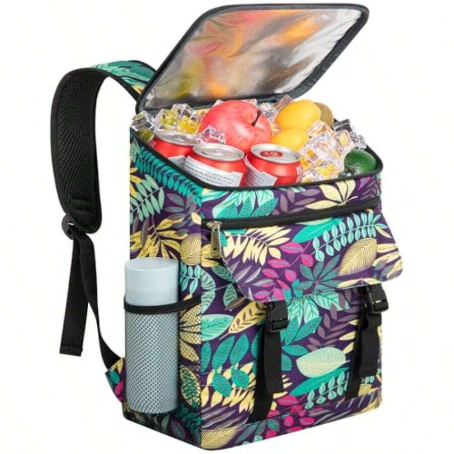 Mochila enfriadora suave aislada a prueba de fugas 30/40/50/54 latas aisladas mochila enfriadora portátil de pícnic camping playa senderismo barbacoa almuerzo mochila para hombres y mujeres - Hojas Flores - Ver 1