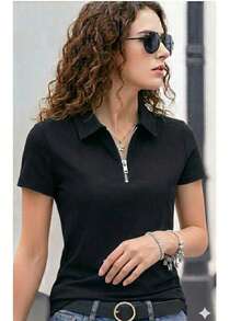 Women's Premium Polo Shirt With Zipper - Negro - Ver 5