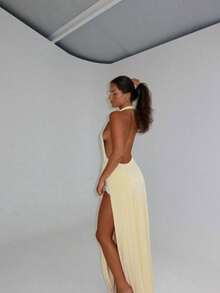 Sunshine Yellow Evening Gown, Fashionable Neck-Revealing Backless Deep V-Neck Sexy Slit Floor-Length Dress For Women, Glamoratti Aesthetic De Skirt - Màu vàng - Xem 9