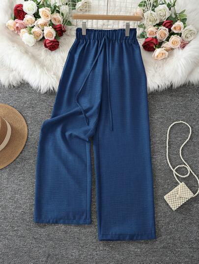 1 chiếc quần nữ vải dệt màu trơn có túi và dây rút giả, thích hợp cho đi chơi tối, kỳ nghỉ, mặc hàng ngày, tiệc sinh nhật, tiệc độc thân, tiệc họp lớp, mọi mùa, chất liệu nhẹ, hiệu ứng denim.