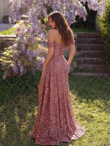 亮片心形领口褶皱腰身长款系带前开衩露背鸡尾酒礼服，优雅正式晚礼服，适合婚礼宾客、毕业典礼、新年派对及其他场合。 - 藕粉色 - 查看 2