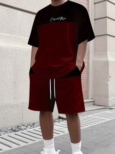 男士休闲运动3D数码印花短袖短裤套装（带口袋）