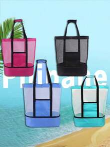 1pc Oversized Mesh Beach Bag - Anti-Sand Swimming Tote Bag, Extra Large Capacity, Suitable For Family Use, Foldable & Lightweight, With Zipper And Extra Pockets, Can Carry Toys And Beach Vacation Essentials - Multicolor - View 6
