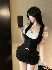 女士时尚百搭韩式纽扣背心 - 黑色 - 查看 3