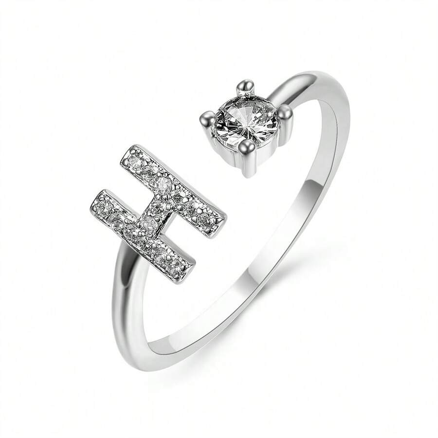 1PC Minimalist Letter H Initial Open Adjustable Ring With White Cubic Zirconia For Women, White Gold Plated Copper Base Personalized Sparkling Jewelry, Perfect Gift For Valentine's Day, Anniversary, Birthday, Party & Daily Wear - H - View 1