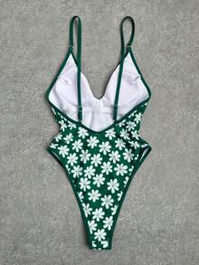 Women's Sexy V-Neck Floral Print Green Cute & Elegant Swimsuit Vacation - Green - View 2