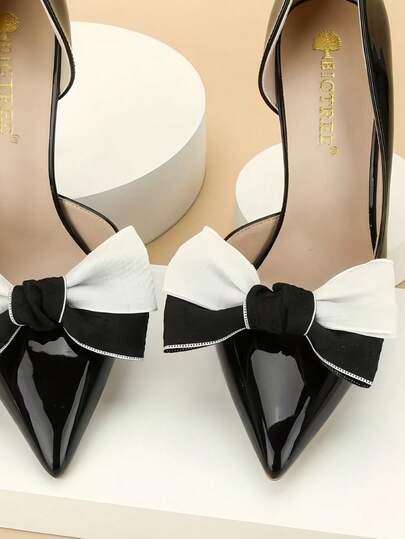 1pc/2pcs Color Block Geometric Pattern Casual Elegant Polyester Bow Tie Decor For High Heels, Suitable For Slippers, High Heels, Sandals, Sneakers And Other Shoes, Polka Dot Print, For Wedding, Holiday, Party, Daily Wear