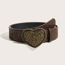 1条波西米亚复古青铜色心形压纹金属咖啡色西部牛仔腰带，适合搭配牛仔裤，休闲、户外、派对、四季皆宜、返校季、女士、母亲节、生日礼物 - 花雕愛心咖啡色 - 查看 2