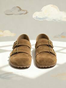 1 Pair Kids Girls Double Metal Buckle Decor Suede Leather Non-Slip Round Toe Flat Shoes, Retro Casual Boston Moccasins For Spring Autumn Daily School Wear - Camel - View 5