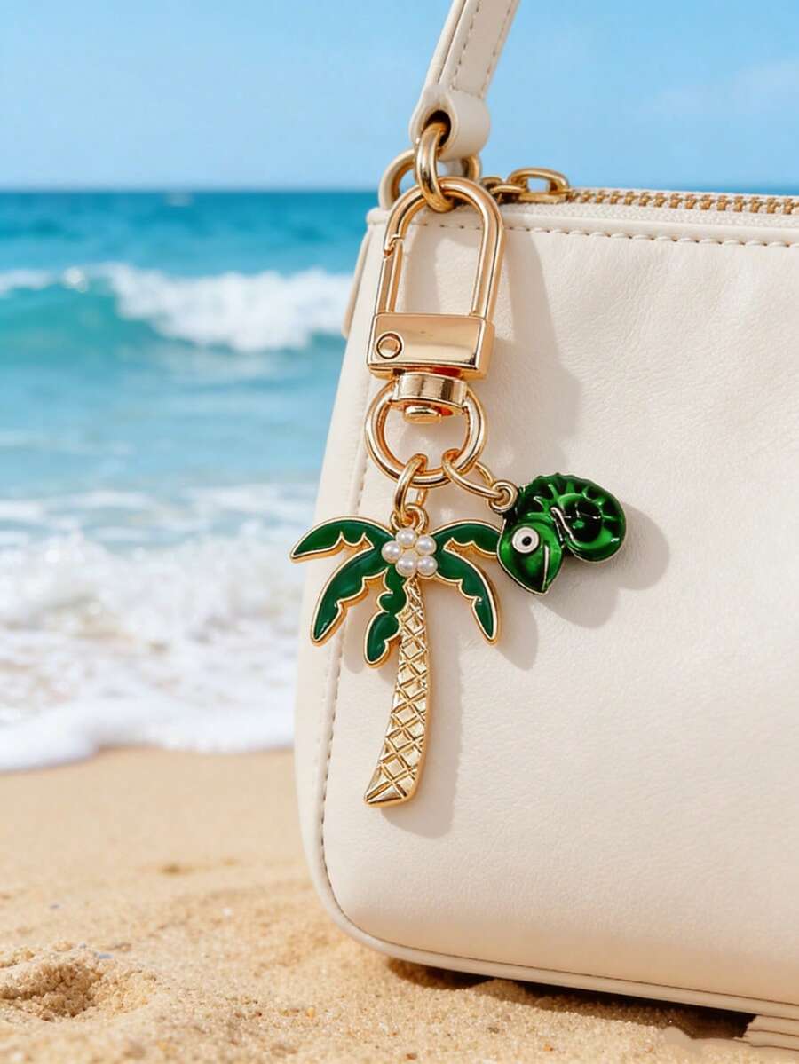 Llavero con palmera hawaiana y flor de hibisco, dije de bolso de playa esmaltado en dorado, colgante de bolso de verano con flores para mujeres y niñas, accesorios esenciales de vacaciones, accesorios de bolso, dijes para bolso, regalos para maestros - Multicolor - Ver 1