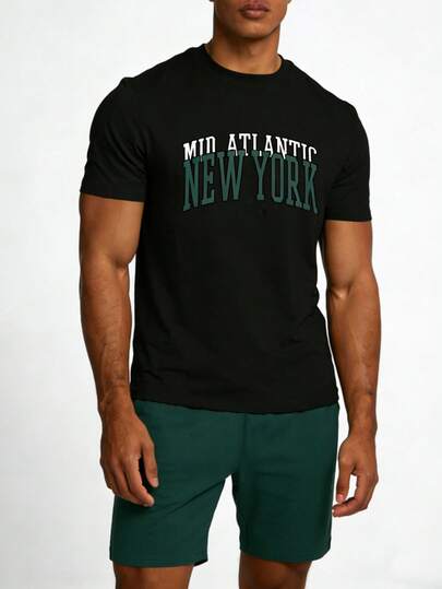 Bộ đồ ngủ mùa hè dành cho nam, màu trơn, in chữ cong, quần short tay ngắn, đồ mặc nhà thoải mái thường ngày.