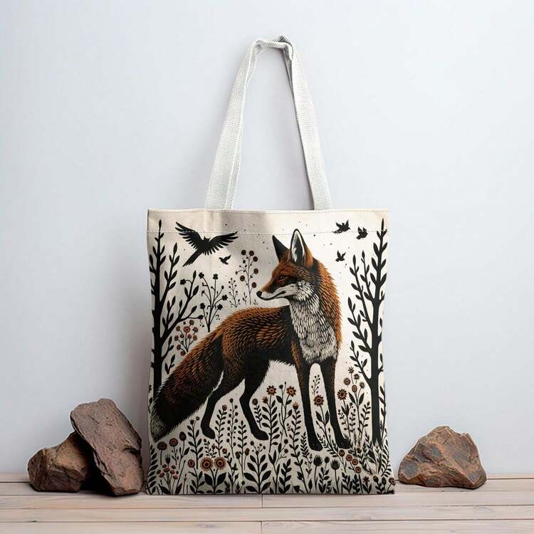 1pc Double-Sided Printed Design Canvas Tote Bag - Fashionable Shoulder Handbag, Nature-Inspired Design, Suitable For Travel, Daily Shopping And Everyday Use, Polyester Material, Rectangular Shape - Multicolor - View 3