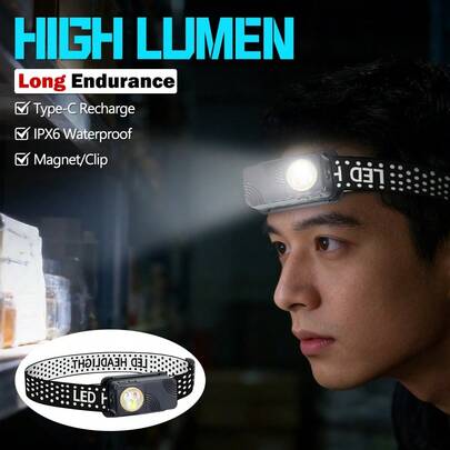 Multi-Function Rechargeable EDC Flashlight,400LM Magnetic Work Light W/ Head Strap USB C Waterproof For Camping Repair Emergency