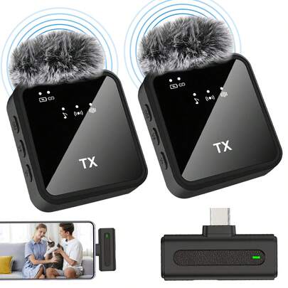 无线领夹式麦克风，专业录音无线麦克风，兼容、 15、安卓系统，2支装领夹式麦克风，适用于录制采访、视频、播客，小巧轻便，无线麦克风，适用于PC、iOS、安卓系统，可用于录制Vlog、直播 - 黑色（300mAh可充电电池）