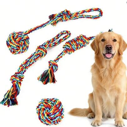 1套宠物玩具棉绳狗咬胶玩具，耐用彩虹棉绳玩具，适合狗狗玩耍