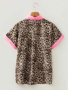Acelitt Camisa casual de mujer con estampado de leopardo colorido y rayas de contraste de manga corta, para vacaciones de verano - Multicolor - Ver 6