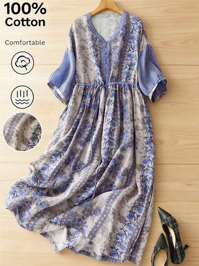 Đầm casual in hoa cổ điển, thắt eo, kiểu dáng thanh lịch, thời trang dành cho nữ công sở, thích hợp cho mùa xuân/hè.