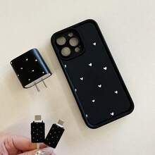 Estuche y protector de carga 4 en 1, funda de TPU suave mate negra con estampado de corazones blancos en todo el Body, protección de Body completo a prueba de golpes, compatible con iPhone 11, 12, 13, 13 Pro Max, 14 Pro Max, 15, 15 Pro, 15 Plus, 15 Pro Max, 16, 16 Pro, 16 Plus, 16 Pro Max, 17 Air - Multicolor - Ver 3