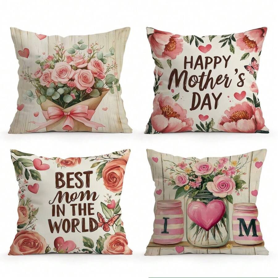 4pcs Mother's Day Pink Rose Cluster & Butterfly Pattern Single-Sided Print Throw Pillow Covers, Decorative Pillow Covers For Living Room Sofa Bedroom, Pillow Inserts Not Included - Multicolor - View 1