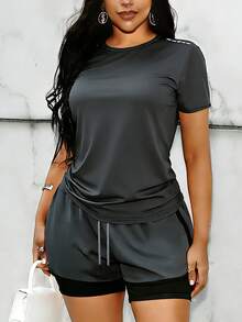 Women's Solid Color Round Neck Casual Sports Fitness Short Sleeve Shorts Set Summer - Dark Grey - View 1