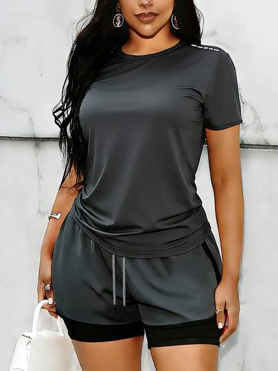 Women's Solid Color Round Neck Casual Sports Fitness Short Sleeve Shorts Set Summer