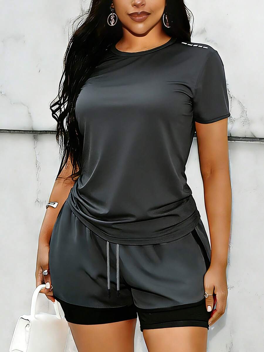 Women's Solid Color Round Neck Casual Sports Fitness Short Sleeve Shorts Set Summer - Dark Grey - View 1