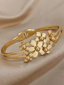 18K Gold Plated Stainless Steel Vintage Elegant Flower Open Bangle Bracelet Set, Women's Bangles, For Women Ladies, Gifts For Mom, For Daily Wear, Weddings, Gala, Suitable For Daily Life, Parties, Dates, Beach, Mother's Day Gift, Valentine's Day Gifts, Spring, Wedding Supplies, Summer Accessories - Multicolor - View 9