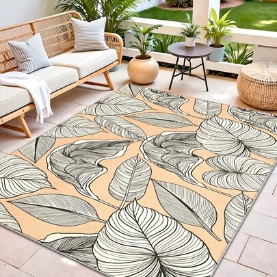 1件装自然文艺风格暖橙色背景黑白线条绘制叶子图案地毯。天鹅绒面料重约850克，厚度约0.6厘米。地毯耐磨、防滑、易清洁。多种尺寸可选。适用于厨房、客厅、餐厅、卧室、阳台、浴室、书房等多种场景。是家居装饰的理想之选。