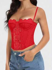 1pc Lace Bralette Cute Bustier Top, Sexy Women's Clubwear Party Crop Top With Clasp - Red - View 5