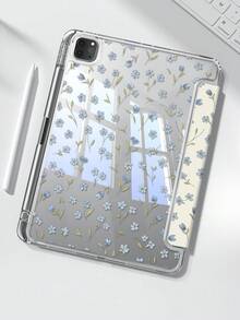 Flower A Cute Cartoon Anime Blue Floral Pattern Double-Sided Acrylic Transparent Crystal Back Cover, Shock-Absorbing, Compatible With Ipad 7th, 8th, 10th Generation (10.2 Inch), Built-In Pen Slot, Support Sleep/Wake Function, Ideal Gift Choice - Multicolor - View 1