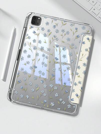 Ốp lưng hai mặt bằng acrylic trong suốt hình hoa hoạt hình dễ thương màu xanh dương, chống sốc, tương thích với iPad thế hệ thứ 7, 8, 10 (10.2 inch), có khe cắm bút tích hợp, hỗ trợ chức năng ngủ/thức, là lựa chọn quà tặng lý tưởng.