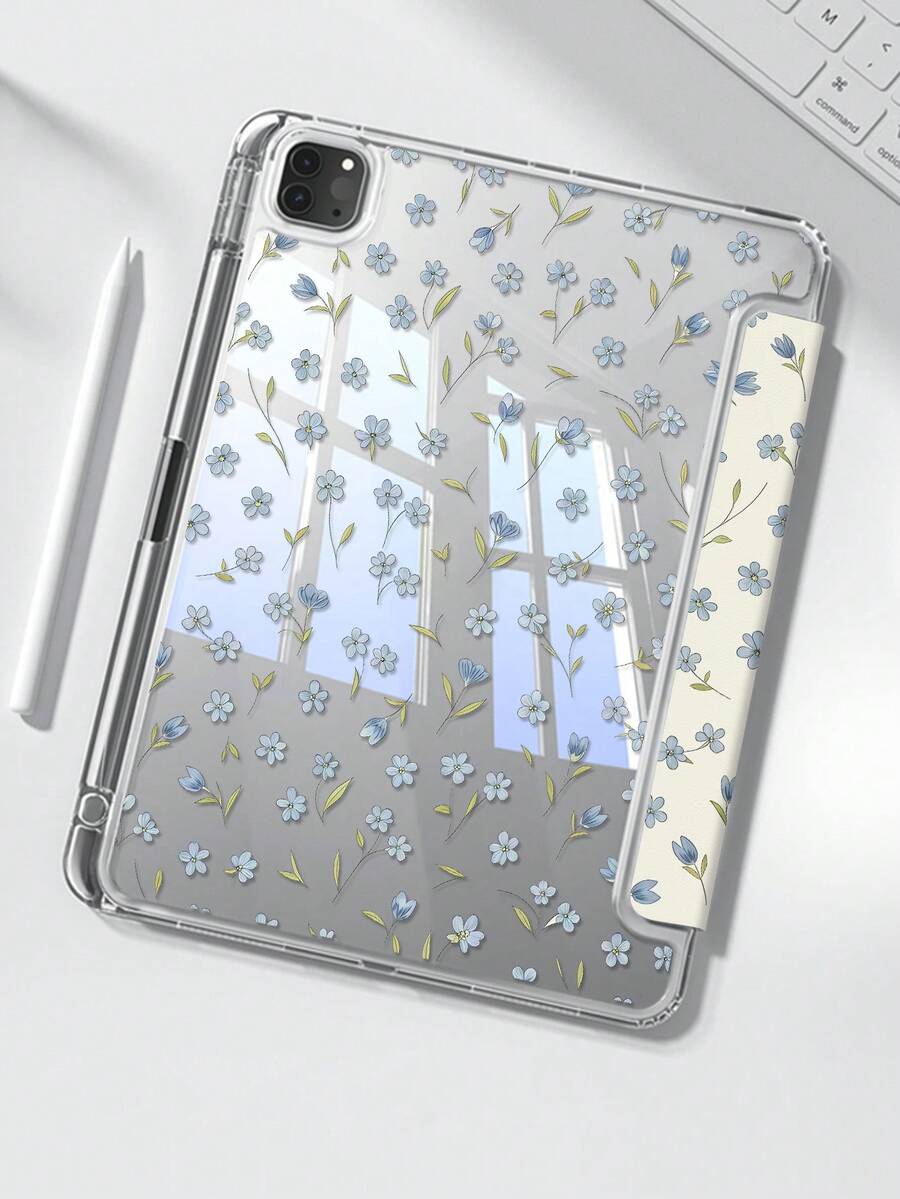 Flower A Cute Cartoon Anime Blue Floral Pattern Double-Sided Acrylic Transparent Crystal Back Cover, Shock-Absorbing, Compatible With Ipad 7th, 8th, 10th Generation (10.2 Inch), Built-In Pen Slot, Support Sleep/Wake Function, Ideal Gift Choice - Multicolor - View 1