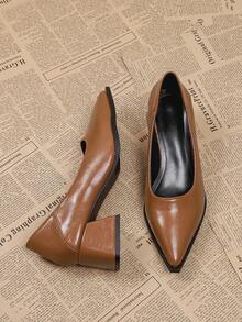 Giày cao gót nữ màu nâu thanh lịch, mũi nhọn, gót chunky, kiểu dáng công sở đa năng, phù hợp cho công việc, tiệc tùng, đám cưới, hộp đêm. - màu nâu - Xem 3