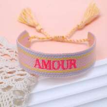 1条手工刺绣法式“AMOUR”创意编织复古风格手链，适合情侣佩戴，节日礼物，祝福绳 - 彩色 - 查看 6