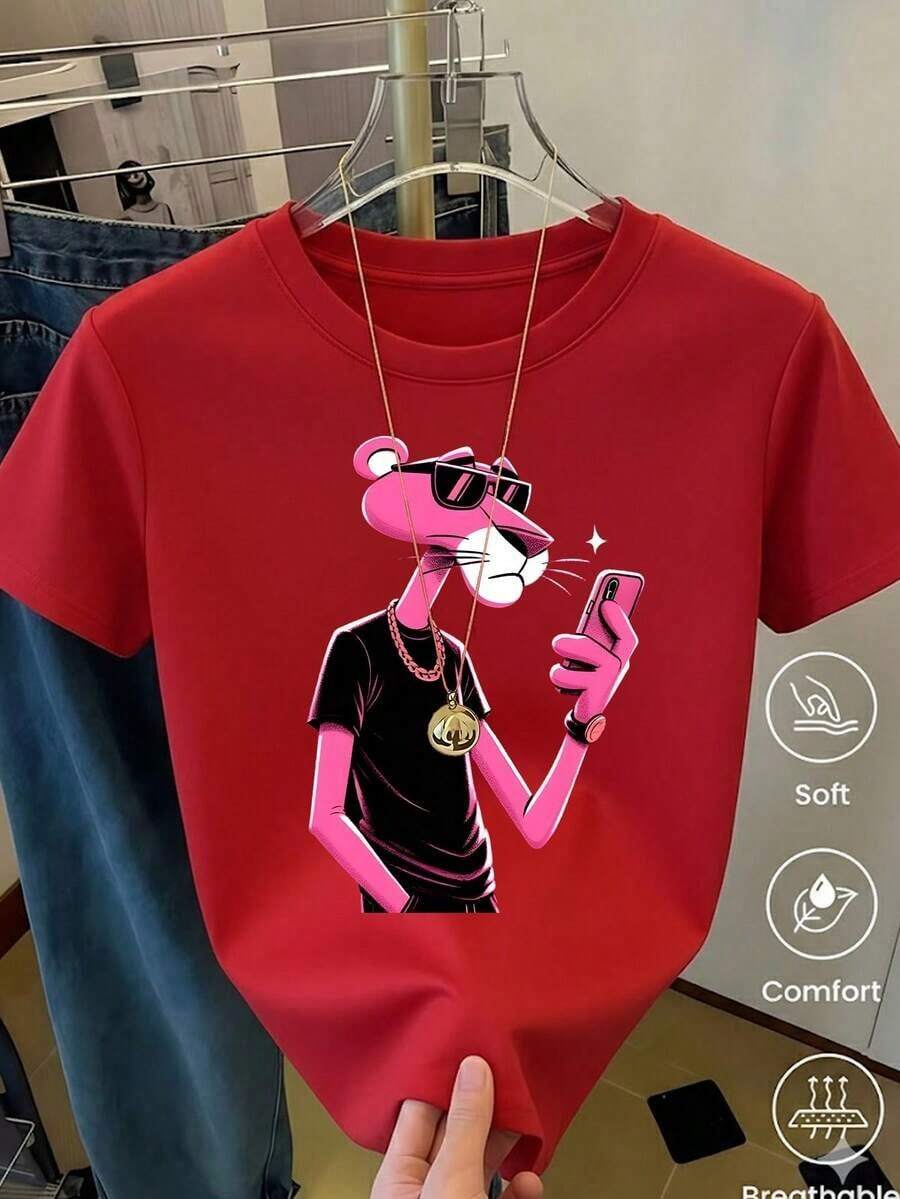Women's White T-Shirt With Graphic And Sunglasses, Retro Cartoon Aesthetic Short Sleeve T-Shirt, Fun Modern Top, Casual Street Fashion Blouse - 綠色 - 查看 1