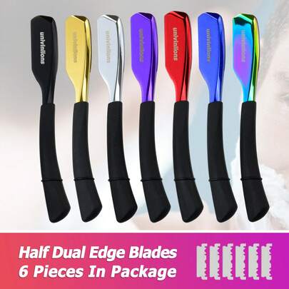 univinlions 6" Navaja de barbero de varios colores con resorte interno afilado + 6 hojas de doble filo para afeitar la barba, la cara y el Body