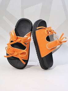 1 Pair Girls' Sweet Suede Bow Slide Sandals For Beach & Everyday Summer Use - Burnt Orange - View 5