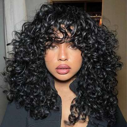 Medium Long Curly Wig Black Color With Bangs For Women, Modest Fashion Kinky Curly Wig Made From High-Density Synthetic Fibers, Fully Machine-Crafted, Non-Lace Design, With A Rose Net Cap, Can Be Cut And Restyle, Perfect For Everyday Use And Special Occasions