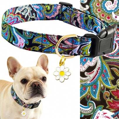 Vintage Dog Collar With Flower Pendant, Adjustable Soft Comfortable Geometric Striped Print Pet Collar, Suitable For Small, Medium And Large Dogs