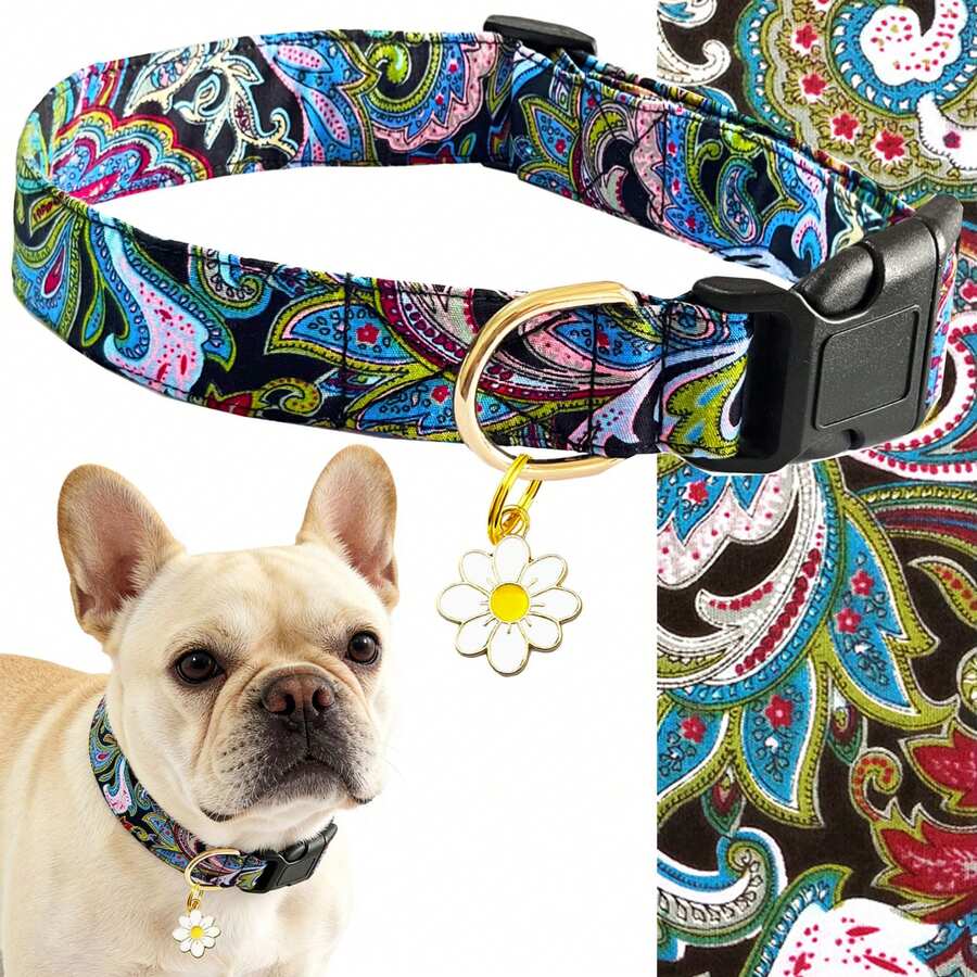 Vintage Hundehalsband mit Blumenanhänger, verstellbares, weiches und bequemes Haustier-Halsband mit geometrischem Streifenmuster, geeignet für kleine, mittlere und große Hunde - Blau - Übersicht 1
