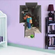 Minecraft 新款3D墙贴 - 自粘式，即撕即贴，防水游戏主题装饰壁画，适用于卧室和宿舍，MC像素艺术墙贴 - 均碼 - 查看 2